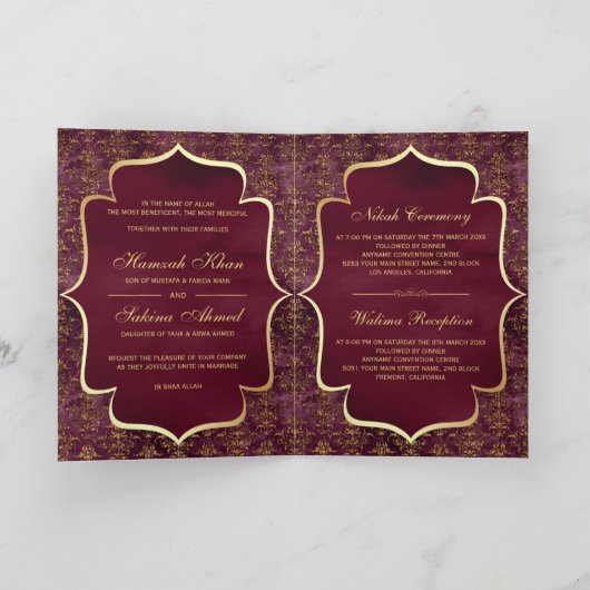 Rustige Bourgogne Gold Damask-moslimbruiloft (Binnen)