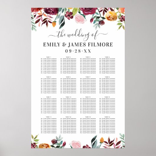 Rustige Bourgogne Herfst Floral Wedding Seating Poster (Voorkant)