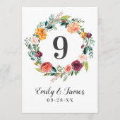 Rustige Bourgogne Herfst Floral Wedding Table Numb Kaart (Voorkant)