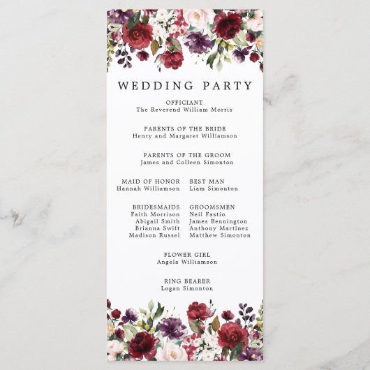 Rustige Bourgogne Rode Florale bruiloft Programmakaart (Achterkant)