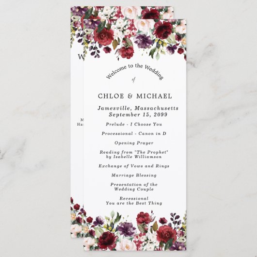 Rustige Bourgogne Rode Florale bruiloft Programmakaart (Voorkant / Achterkant)