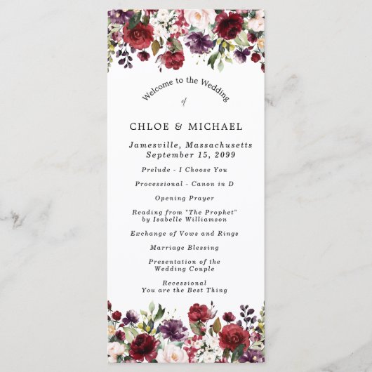 Rustige Bourgogne Rode Florale bruiloft Programmakaart (Voorkant)