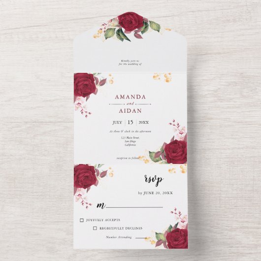 Rustige Bourgogne Romantic Red Floral Wedding All In One Uitnodiging (Binnen)
