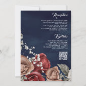 Rustige Bourgogne Rozen QR Code Navy Blue Wedding Kaart (Achterkant)