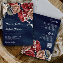 Rustige Bourgogne Rozen QR Code Navy Blue Wedding
