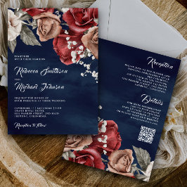 Rustige Bourgogne Rozen QR Code Navy Blue Wedding Kaart