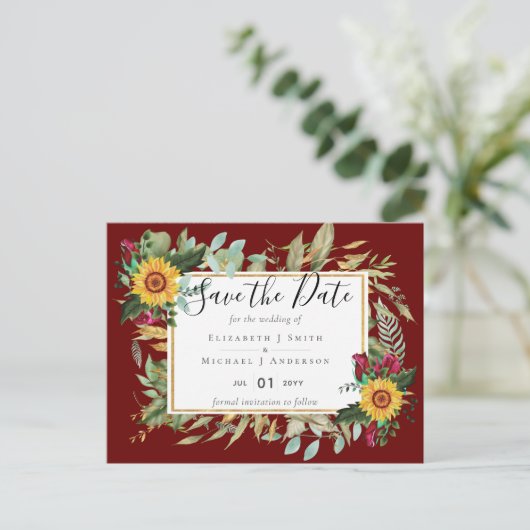 Rustige Bourgogne Rozen Zonnebloemen besparen de d Briefkaart (Staand voorkant)