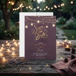 Rustige Bourgogne Slingerlichten Save the Date Kaart
