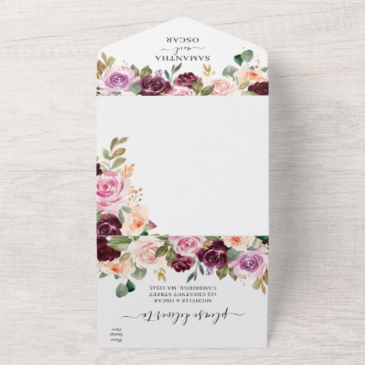 Rustige Bourgogne Waterverf Flowers & Gold Drups All In One Uitnodiging (Buitenkant)