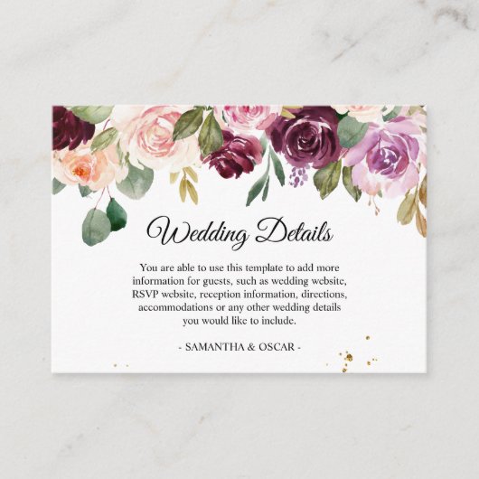 Rustige Bourgogne Waterverf Flowers & Gold Drups Informatiekaartje (Voorkant)