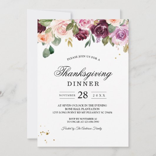 Rustige Bourgogne Waterverf Flowers & Gold Drups Kaart (Voorkant)