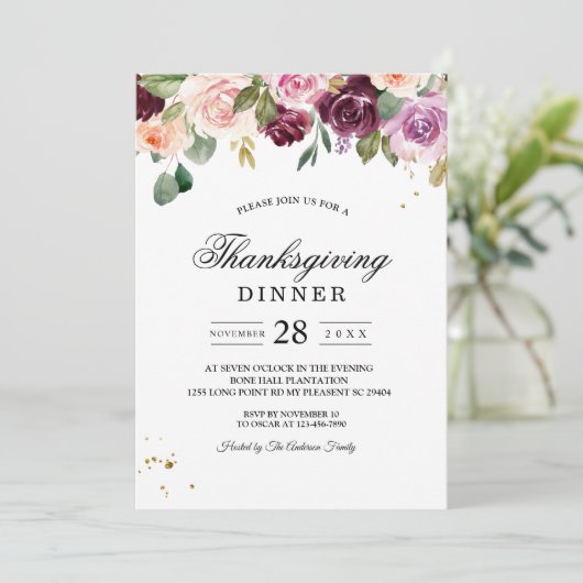 Rustige Bourgogne Waterverf Flowers & Gold Drups Kaart (Staand voorkant)