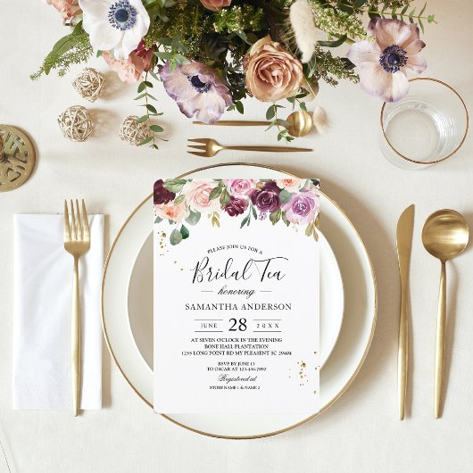 Rustige Bourgogne Waterverf Flowers & Gold Drups Kaart