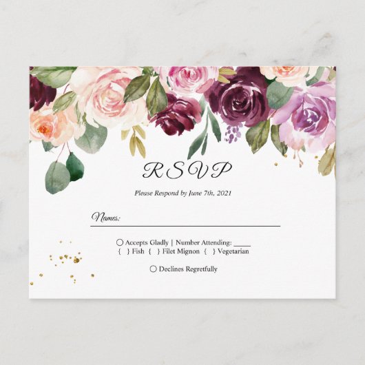 Rustige Bourgogne Waterverf Flowers & Gold Drups Uitnodiging Briefkaart (Voorkant)