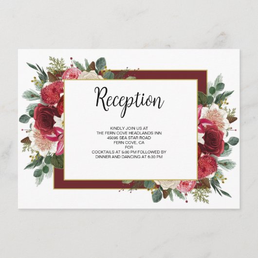 Rustige Bourgogne Winter Floral Wedding Reception Informatiekaartje (Voorkant)