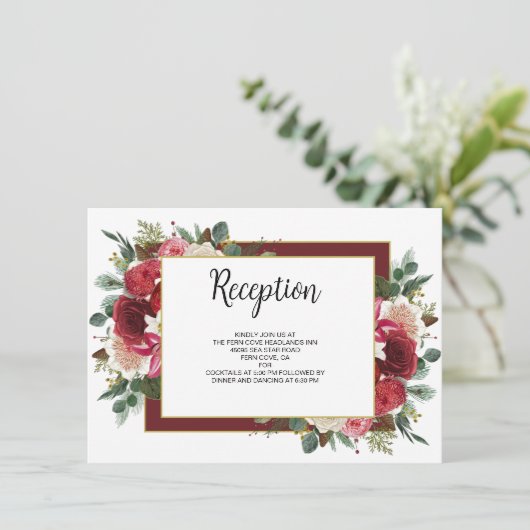 Rustige Bourgogne Winter Floral Wedding Reception Informatiekaartje (Staand voorkant)