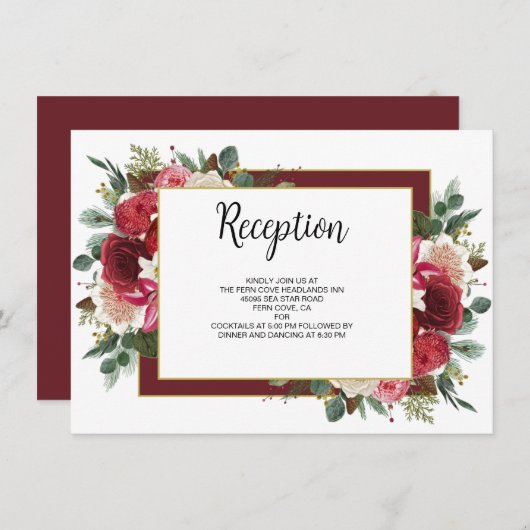 Rustige Bourgogne Winter Floral Wedding Reception Informatiekaartje (Voorkant / Achterkant)