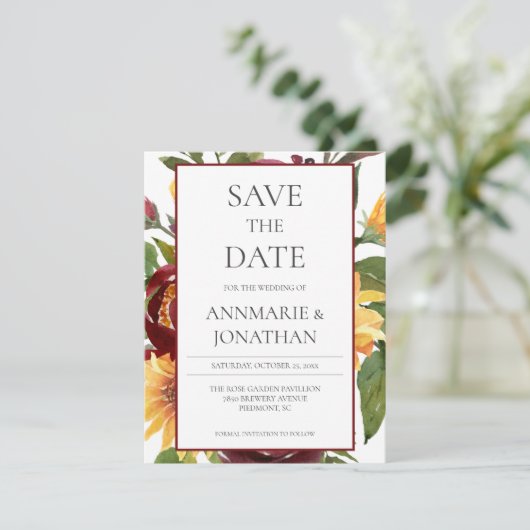 Rustige Bourgogne Zonnebloemen Save The Date (Staand voorkant)