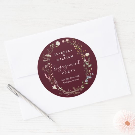 Rustige Bourgondië Boho Wilde Bloem Verlovingsfees Ronde Sticker (Envelop)