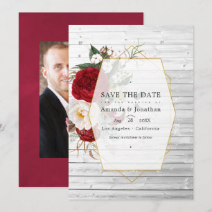 Rustige Bourgondiër en Witte Bloemige Geometrische Save The Date