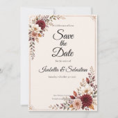 Rustige Bourgondische Bloemige Bruiloft Save The Date (Voorkant)