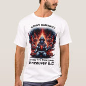 Rustige brandweerman tussen vlammen en vrachtwagen t-shirt (Voorkant)