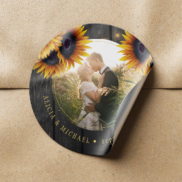 Rustige bruidfoto gepersonaliseerd zonnebloemen ho ronde sticker