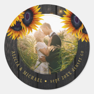 Rustige bruidfoto gepersonaliseerd zonnebloemen ho ronde sticker