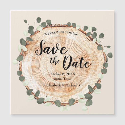 Rustige bruiloft Eucalyptus Wood snijdt Slice op m Magnetische Uitnodiging (Voorkant)