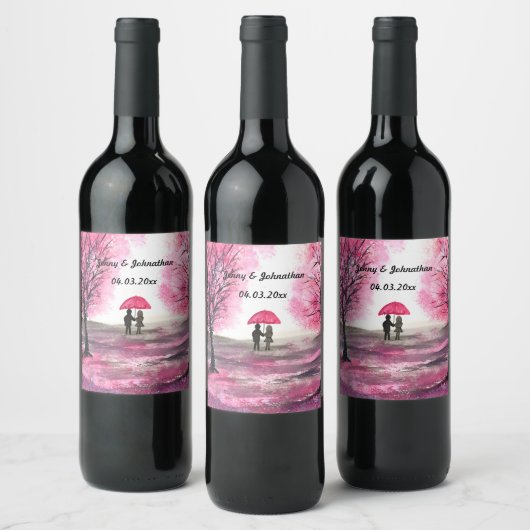 Rustige bruiloft-liefdespaar kerry-bloesems wijn etiket (Flessen)