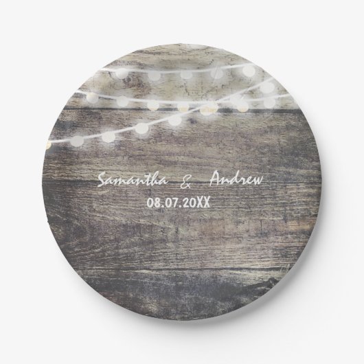 Rustige bruiloft met hout en taarlampen papieren bordje (Voorkant)