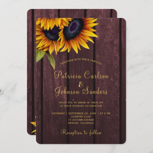 Rustige bruiloft met zonnebloem kaart (Voorkant / Achterkant)