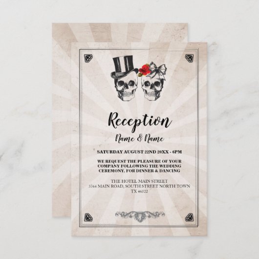 Rustige bruiloft Ontvangkaarten Skulls Red Rose Informatiekaartje (Voorkant / Achterkant)