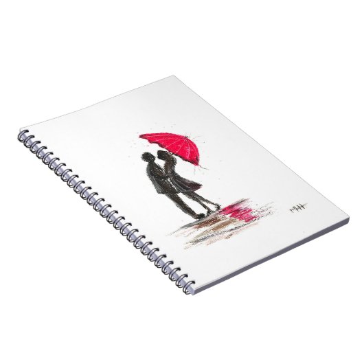 Rustige bruiloft rode paraplu's in liefdeschic notitieboek (Rechterzijde)