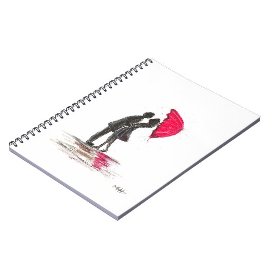 Rustige bruiloft rode paraplu's in liefdeschic notitieboek (Linkerzijde)