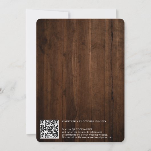 Rustige bruin houtscriptnamen qr code bruiloft kaart (Achterkant)