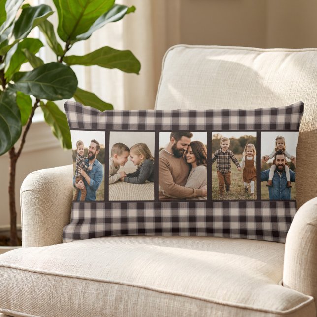 Rustige Bruine Buffalo Plaid Multi Foto Kussen (Brown buffalo plaid pillow with custom photos - by Darling & May)