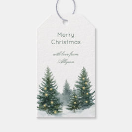 Rustige bruine crèmekleurige groene kerstboom lint cadeaulabel