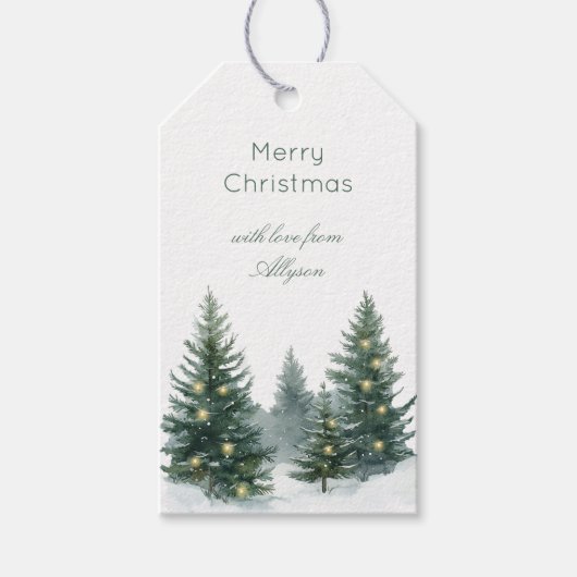Rustige bruine crèmekleurige groene kerstboom lint cadeaulabel (Voorkant)