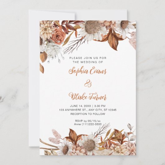 Rustige bruine en witte bloemen Boho witte trouwda Kaart (Voorkant)