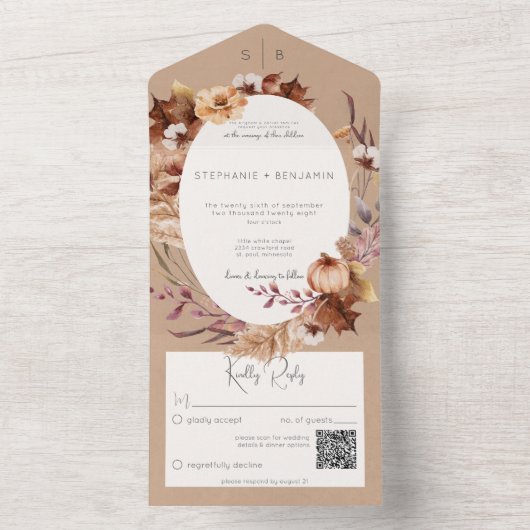 Rustige bruine Herfst — KR-code All In One Uitnodiging (Binnen)