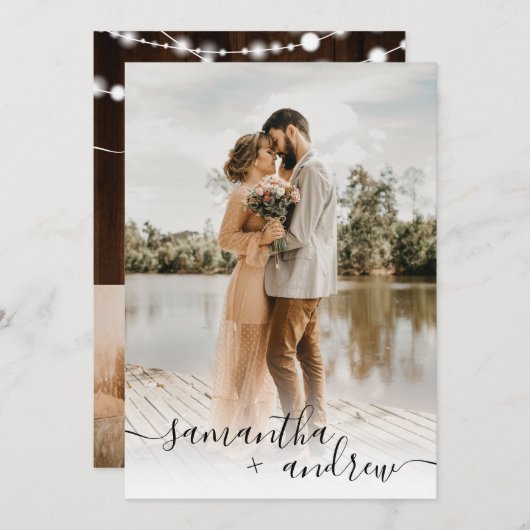 Rustige bruine houtskaarlichten 2 foto's bruiloft kaart (Voorkant / Achterkant)