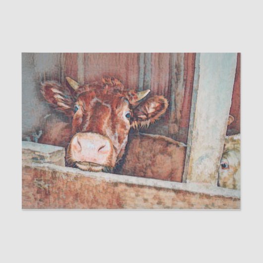 Rustige  bruine Koe Oude landschuur Tissuepapier (Voorkant)