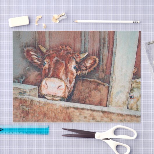 Rustige bruine Koe Oude landschuur Tissuepapier (Craft)