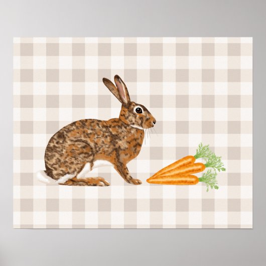 Rustige bruine konijn en wortels op beige geruit poster (Voorkant)