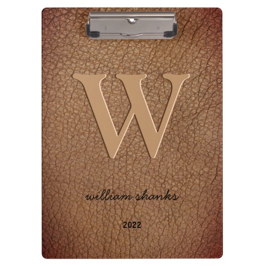 Rustige bruine leren monogram stijlvolle script na klembord (Voorkant)