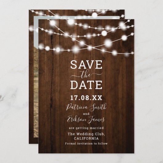 Rustige bruine lichtfoto van houtskaartjes, sla de save the date (Voorkant / Achterkant)