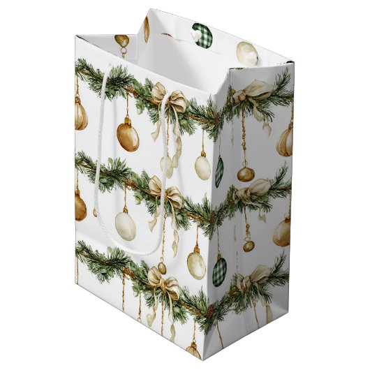 Rustige bruine linten roomgroene Kerst Medium Cadeauzakje (Voorkant Gekanteld)