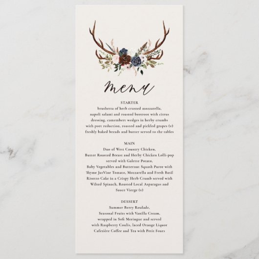 Rustige bruine marinevlinder met botanische bruilo menu (Voorkant)