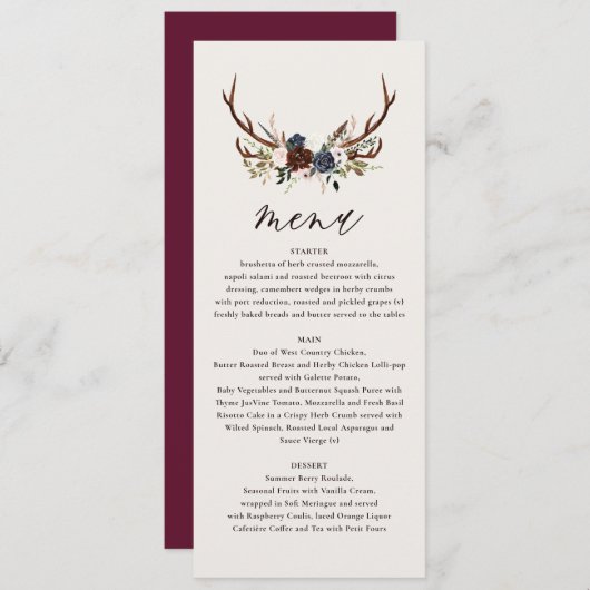 Rustige bruine marinevlinder met botanische bruilo menu (Voorkant / Achterkant)